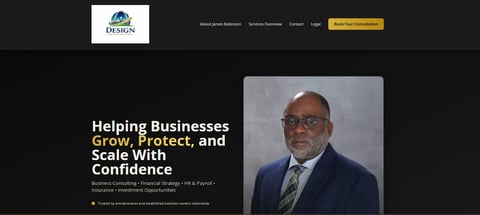 Professional business website homepage with tagline Helping Businesses Grow, Protect, and Scale With Confidence and headshot of male professional