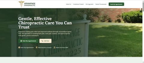 Chiropractic clinic website header with green lawn and building, promoting gentle and effective chiropractic care services