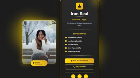 Professional profile card for Iron Seal by Stephanie Taggart, featuring a photo and services offered including web design and branding